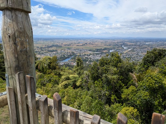 The view from the tower at the top of the summit. Ngāruawāhia and the Waikato in the distance.