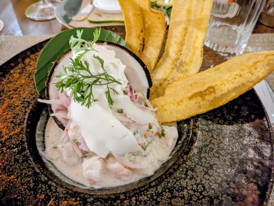Ceviche in a coconut shell with plantain chips
