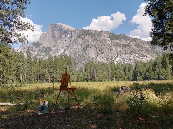 Someone had set up an easel in the meadow near our camp. Half Dome in the distance.