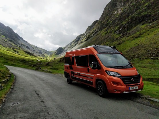 Our orange Adria Twin looking splendid in the Honister Pass in England's Lake District back in 2019