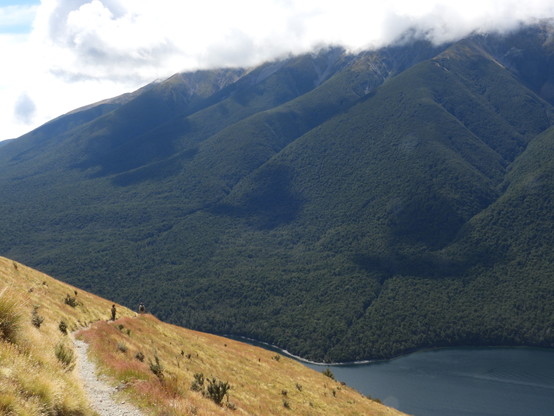 John and Ally walking back down with the lake and ranges in the background