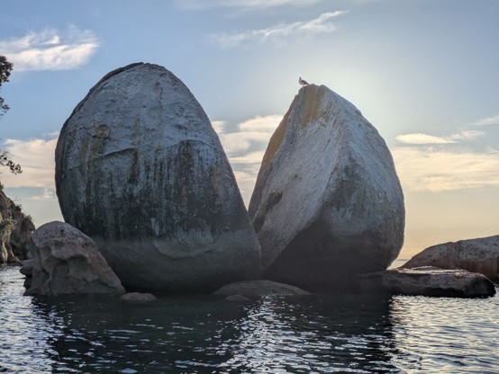 Split Apple Rock with the morning sun behind it.