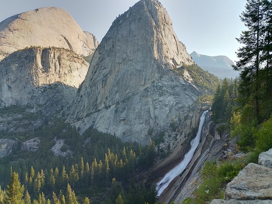 Half Dome on the left. Liberty Cap and Nevada Falls on the right.