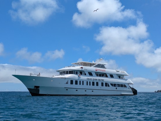 Our boat, The Grand Queen Beatriz.
The bird up in the sky is a great frigate.