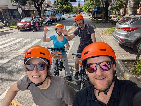 Waiting at traffic lights on the cycle tour.