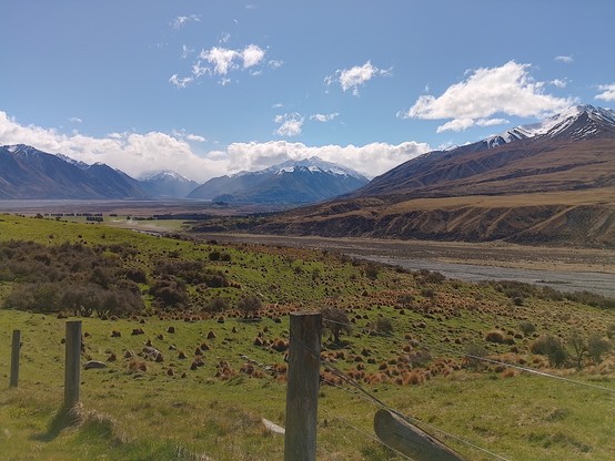 View up the Rangitata River valley into Erewhon Station. Mt Sunday down there something to do with a scene from LOTR.