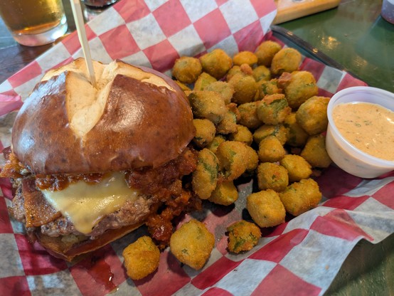 My burger with a side of fried okra