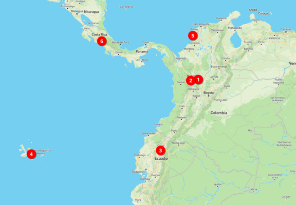 A map of Central and South America with markers showing the main places we'll be visiting.