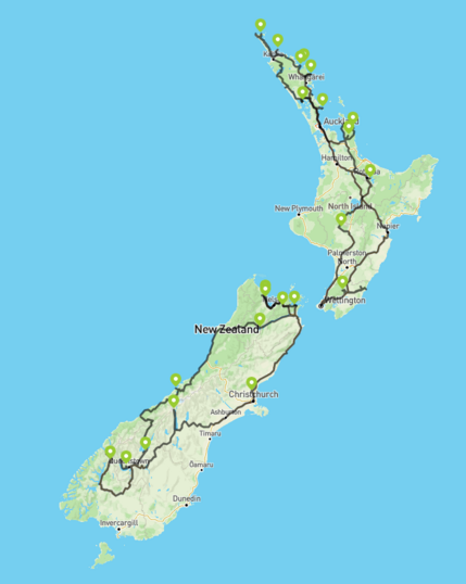 A map of New Zealand with the route we took as well as the places we stayed