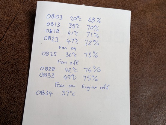 My notes of the timings, temperatures and battery charge level. I left the van fridge on overnight with the door open to drain the battery a bit for the test.