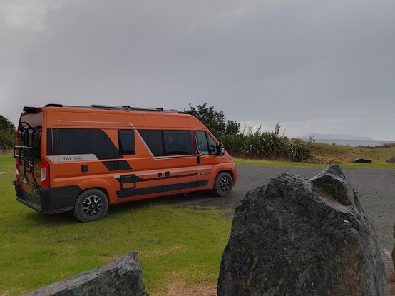 Parked up at Te Arai Beach. Hen and Chicken islands in the distance.