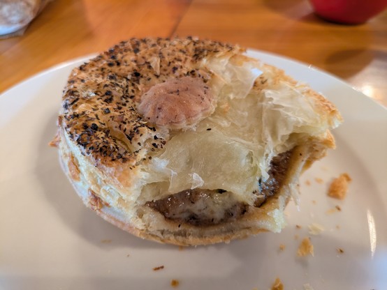 Half-nibbled Angus steak, cheese and jalapeno pie