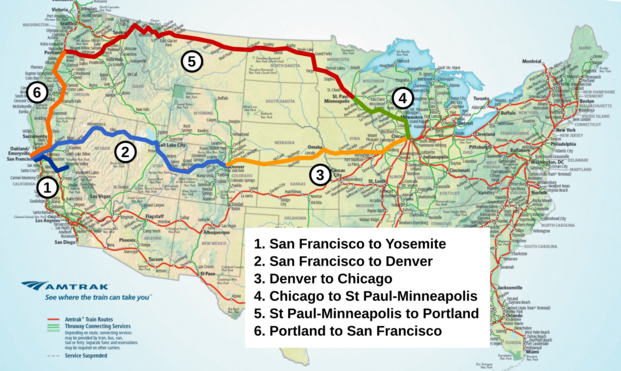 Map of USA with train routes San Francisco > Denver > Chicago > St Paul-Minneapolis > Portland > San Francisco