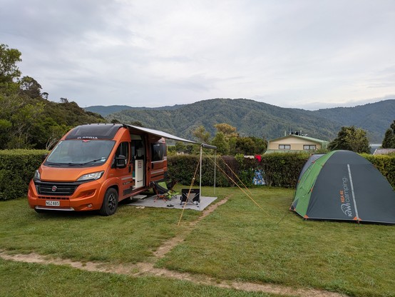 Our typical camp setup with Ally and John using the larger tent kindly loaned by our neighbours, Steve and Leona.