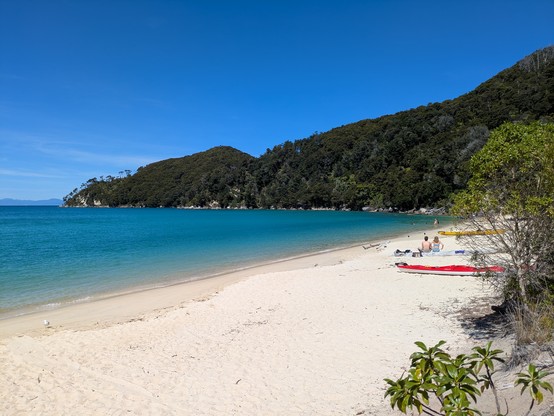 View of the beach at Bark Bay. That's our kayak resplendent in red.