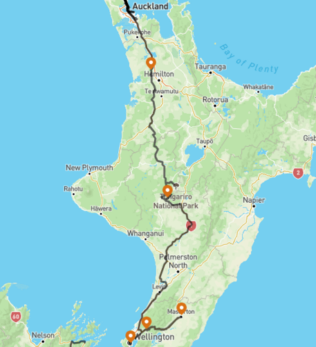 Our route for the North Island segment of our trip.