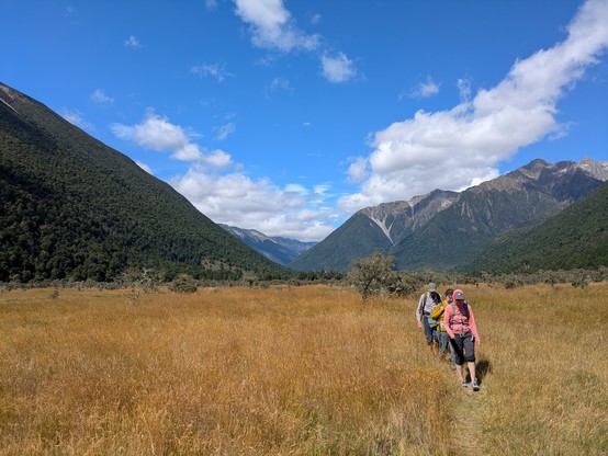 Crossing the river flat between Coldwater Hut and Lakehead Hut. Not so full of beans at the stage.