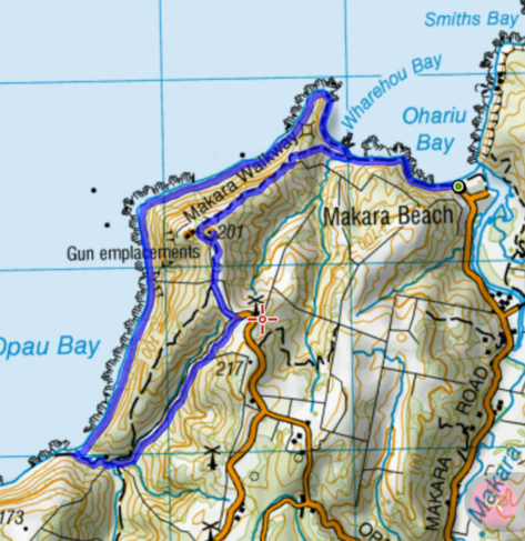 Our route walking the cliffs near Mākara.